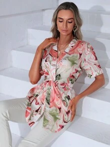 SHEIN Clasi Allover Print Twist Front Blouse - Multicolor - View 7