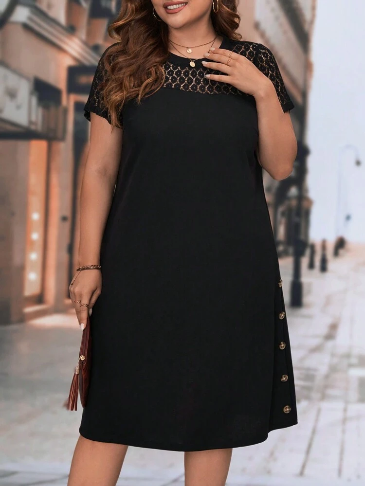 Plus Contrast Lace Button Detail Dress