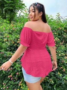 SHEIN Essnce Plus Off Shoulder Drawstring Front Asymmetrical Hem Tee - Hot Pink - View 2