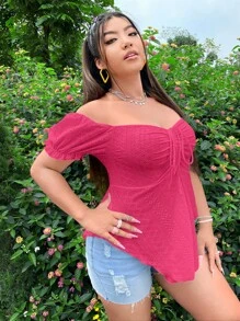 SHEIN Essnce Plus Off Shoulder Drawstring Front Asymmetrical Hem Tee - Hot Pink - View 4