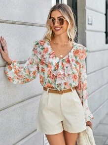 SHEIN Frenchy 印花荷葉邊燈籠袖襯衫 - 彩色 - 查看 3