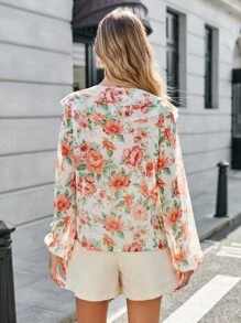 SHEIN Frenchy 印花荷葉邊燈籠袖襯衫 - 彩色 - 查看 2