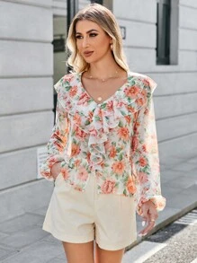 SHEIN Frenchy 印花荷葉邊燈籠袖襯衫 - 彩色 - 查看 4