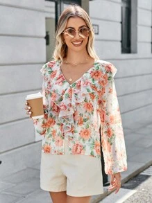 SHEIN Frenchy 印花荷葉邊燈籠袖襯衫 - 彩色 - 查看 5