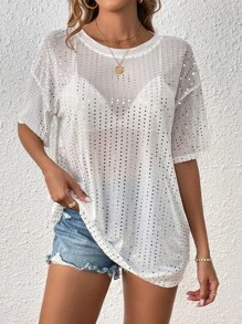 SHEIN Essnce 亮片拼接落肩袖網紗上衣不附胸罩 - 白色 - 查看 1