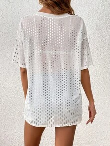SHEIN Essnce 亮片拼接落肩袖網紗上衣不附胸罩 - 白色 - 查看 2