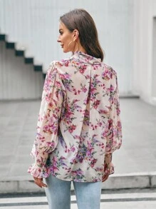 SHEIN Clasi 印花繫帶領喇叭袖襯衫 - 彩色 - 查看 2