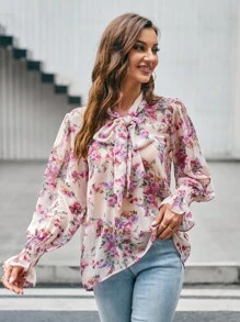 SHEIN Clasi 印花繫帶領喇叭袖襯衫 - 彩色 - 查看 3