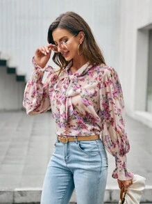 SHEIN Clasi 印花繫帶領喇叭袖襯衫 - 彩色 - 查看 5