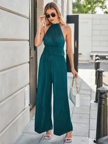 SHEIN Privé Solid Halter Top & Wide Leg Pants - Green - View 6
