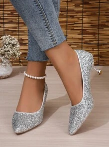 Silver Glitter Prom Elegant High Heel Pump Shoes - Silver - View 2