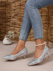 Silver Glitter Prom Elegant High Heel Pump Shoes - Silver - View 3