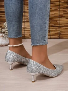 Silver Glitter Prom Elegant High Heel Pump Shoes - Silver - View 4