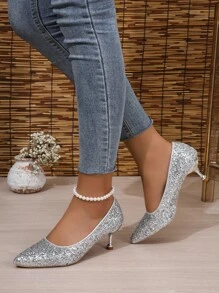 Silver Glitter Prom Elegant High Heel Pump Shoes - Silver - View 5