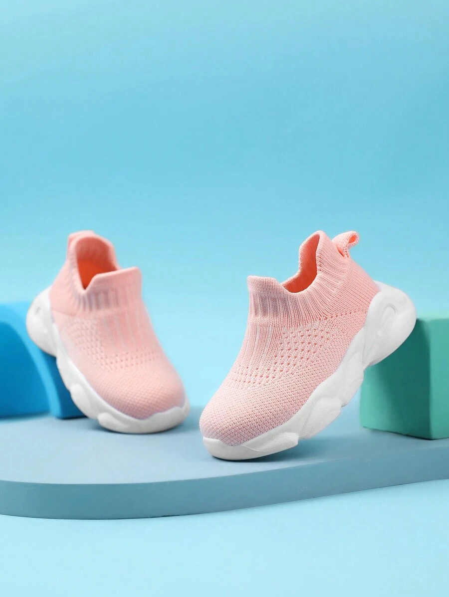 1pair Girls Pink Crochet Design Breathable Running Shoes For Summer - Pink - View 1