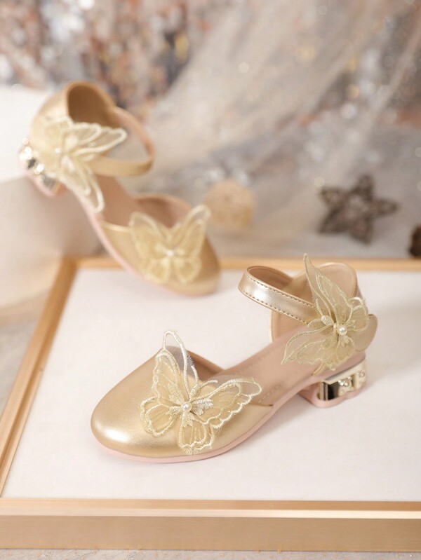 Girls Metallic Butterfly & Faux Pearl Decor Party Ankle Strap Flats For Outdoor