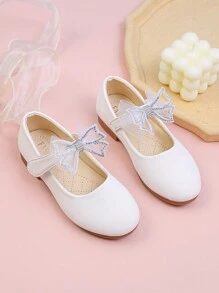 女孩水鑽&蝴蝶結裝飾魔術貼公主瑪麗珍平底鞋適用於戶外 - 白色 - 查看 2