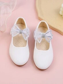 女孩水鑽&蝴蝶結裝飾魔術貼公主瑪麗珍平底鞋適用於戶外 - 白色 - 查看 3