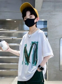 酷街頭風圓領T恤帶M字母圖案適合夏天 - 白色 - 查看 1