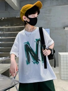 酷街頭風圓領T恤帶M字母圖案適合夏天 - 白色 - 查看 3