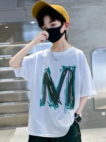 酷街頭風圓領T恤帶M字母圖案適合夏天 - 白色 - 查看 4