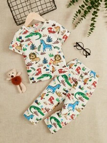 SHEIN 男童樂趣卡通動物圖案短袖T恤和長款長褲家庭穿戴適合夏天