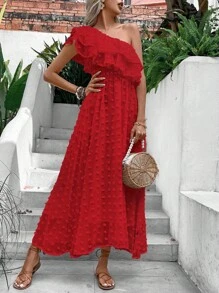 SHEIN VCAY Chấm Swiss Một bờ vai Viền Ruffle Đầm - Đỏ - Xem 1