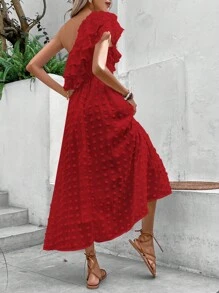 SHEIN VCAY Chấm Swiss Một bờ vai Viền Ruffle Đầm - Đỏ - Xem 2