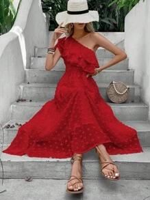 SHEIN VCAY Chấm Swiss Một bờ vai Viền Ruffle Đầm - Đỏ - Xem 6