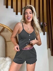 木耳邊吊帶上衣和腰部字母條帶短褲休閒服套裝 - 深灰色 - 查看 5