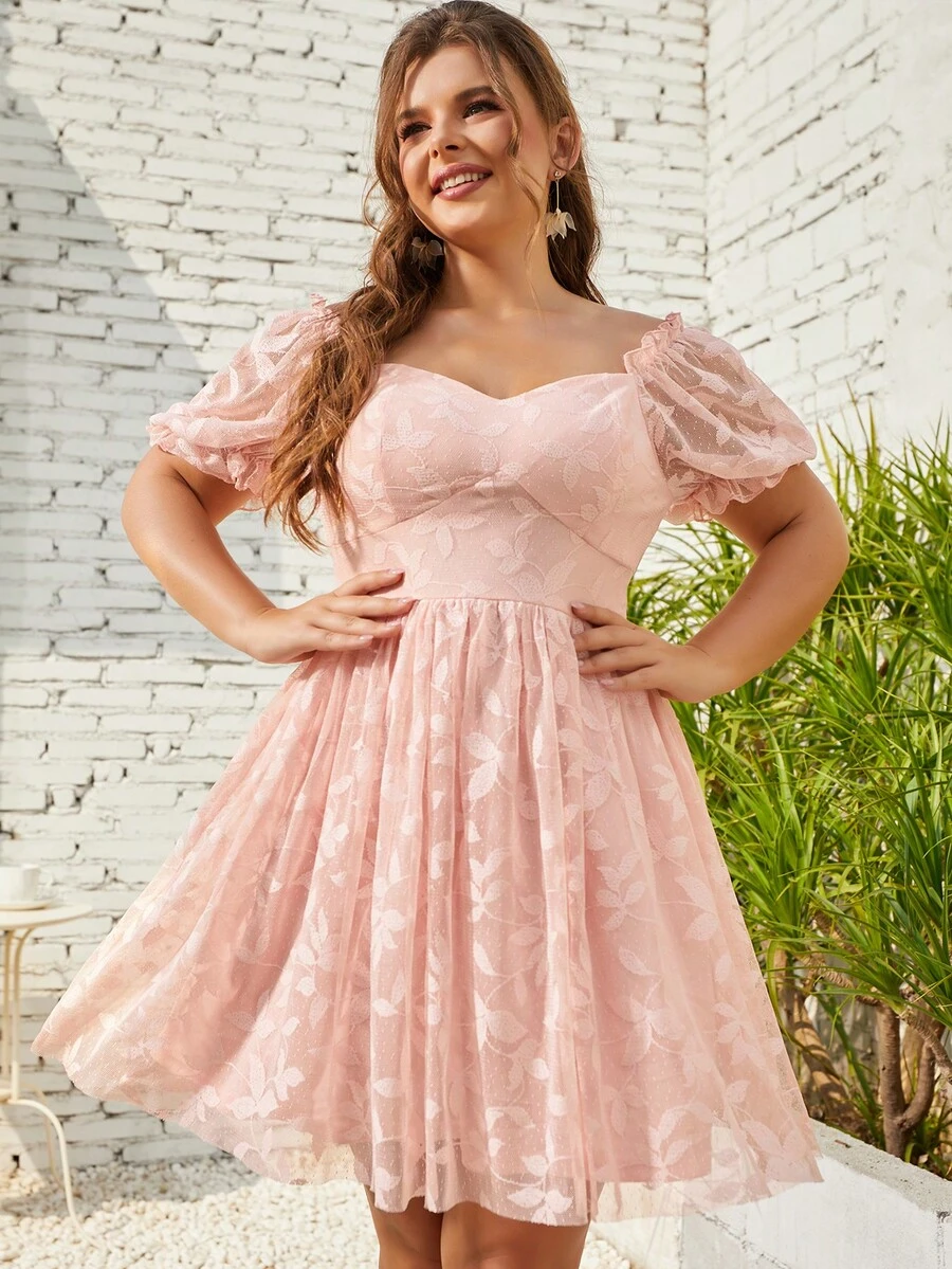 S BETRO Đầm Plus Size viền lá sen Thực vật Thanh lịch - Màu Hồng baby - Xem 1
