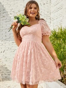 S BETRO Đầm Plus Size viền lá sen Thực vật Thanh lịch - Màu Hồng baby - Xem 3