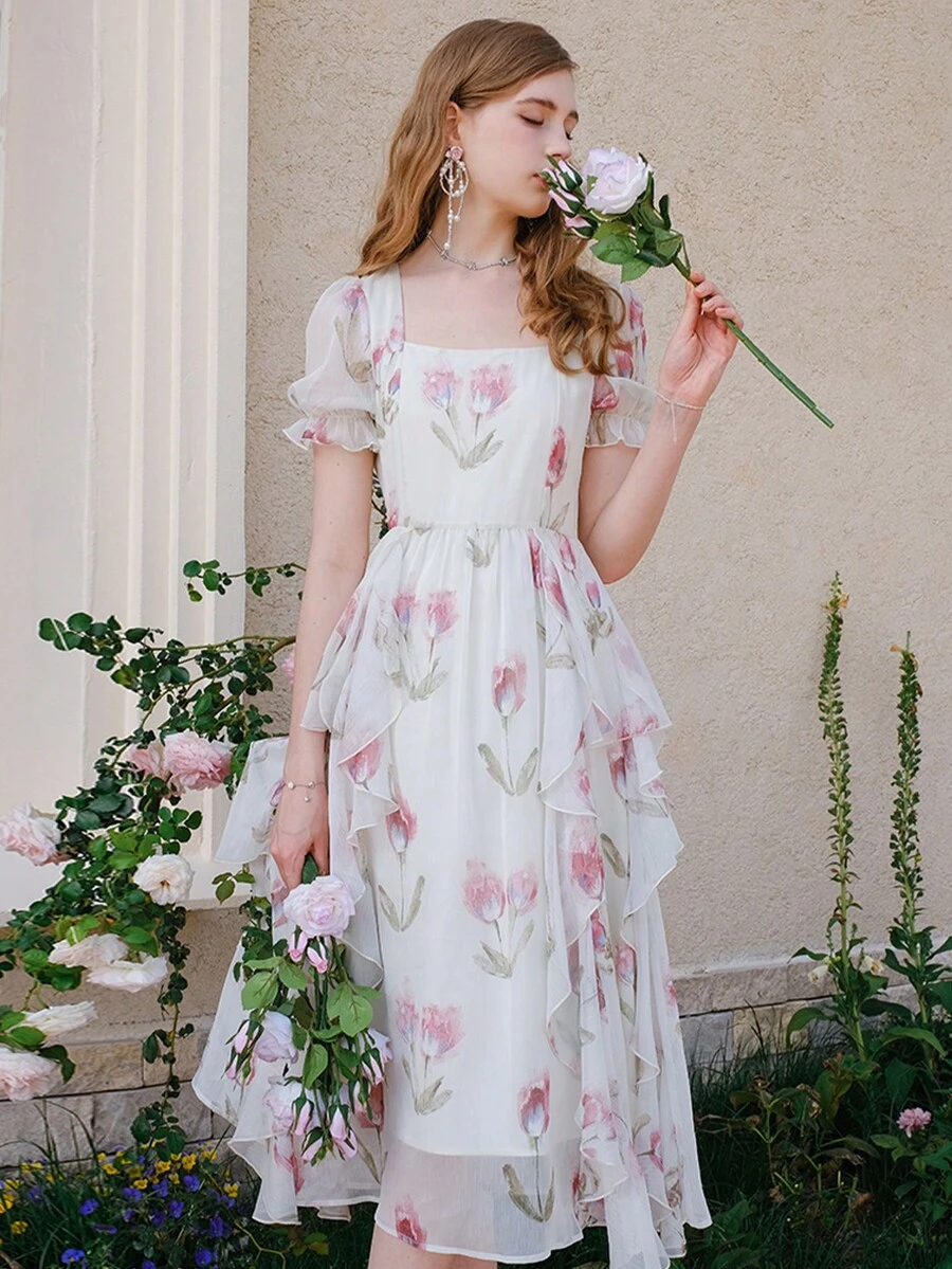 Vestido de malla con estampado floral de manga farol ribete con fruncido