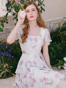Vestido de malla con estampado floral de manga farol ribete con fruncido - Blanco - Ver 4