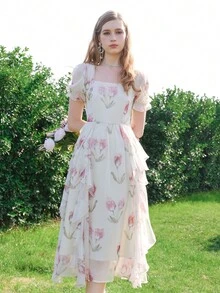 Vestido de malla con estampado floral de manga farol ribete con fruncido - Blanco - Ver 5