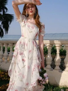 Vestido de malla con estampado floral de manga farol ribete con fruncido - Blanco - Ver 6