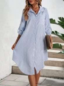 SHEIN Holidaya Striped Print Pocket Patched Shirt Dress