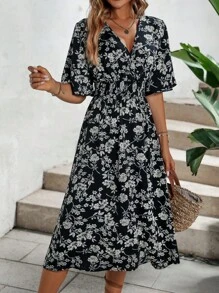 SHEIN VCAY Đầm Trọn gói Dải chun Hoa Tất cả trên in Boho - Đen và trắng - Xem 1