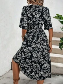 SHEIN VCAY Đầm Trọn gói Dải chun Hoa Tất cả trên in Boho - Đen và trắng - Xem 2