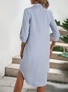 SHEIN Holidaya Striped Print Pocket Patched Shirt Dress