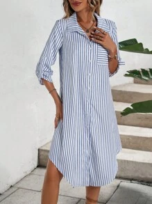 SHEIN Holidaya Striped Print Pocket Patched Shirt Dress