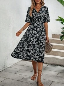 SHEIN VCAY Đầm Trọn gói Dải chun Hoa Tất cả trên in Boho - Đen và trắng - Xem 3