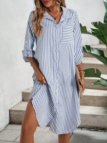 SHEIN Holidaya Striped Print Pocket Patched Shirt Dress