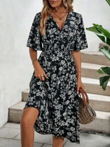 SHEIN VCAY Đầm Trọn gói Dải chun Hoa Tất cả trên in Boho - Đen và trắng - Xem 4