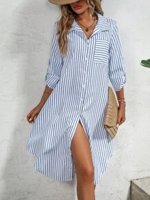 SHEIN Holidaya Striped Print Pocket Patched Shirt Dress