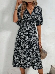 SHEIN VCAY Đầm Trọn gói Dải chun Hoa Tất cả trên in Boho - Đen và trắng - Xem 5