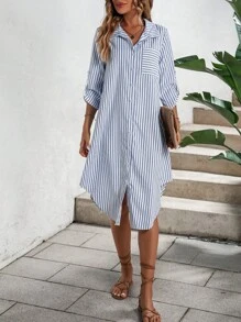 SHEIN Holidaya Striped Print Pocket Patched Shirt Dress