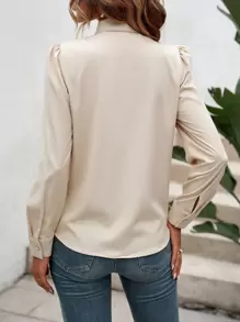 SHEIN Clasi Tie Neck Button Front Puff Sleeve Blouse,Long Sleeve Tops - Beige - View 2
