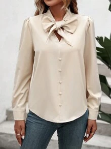 SHEIN Clasi Tie Neck Button Front Puff Sleeve Blouse,Long Sleeve Tops - Beige - View 3