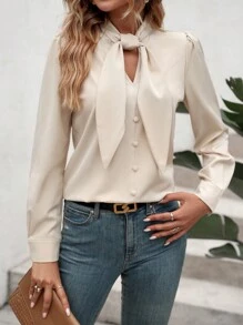 SHEIN Clasi Tie Neck Button Front Puff Sleeve Blouse,Long Sleeve Tops - Beige - View 4